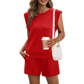 XIEERDUO Two Piece Outfits for Women Casual Summer 2 PC Short Sets Spring Travel Lounge Sets Fashion Cap Sleeve Tracksuit Airport Loungewear Women's Romper Red L