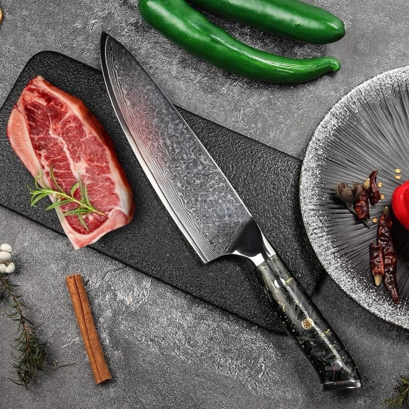Kuwata 8 Inch Damascus Professional Black Gold Series Chefs Knife