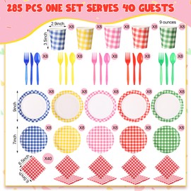 285 Pcs Disposable Gingham Party Supplies Set for 40 Guests - Plaid Paper Plates, Cups, Napkins, Forks, Spoons, Knives & Tablecloth, All-in-One Birthday, BBQ, Picnic, Thanksgiving Dinnerware Kit