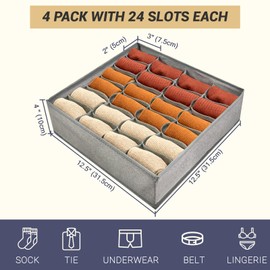 Accesfire 4 Pack 96-Cell Fabric Sock Organizer and Tie Organizer For Men - Fabric Foldable Drawer Divider for Socks, Underwear, Ties and Belts - Foldable, Multi-Cell Design, Space-Saving (Grey)