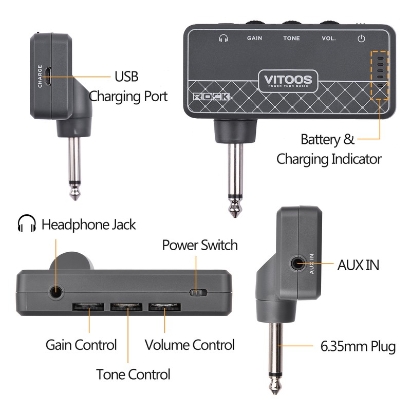 VITOOS ROCK Guitar Headphone Amplifier Amp 1/4 Inch Plug 3.5mm