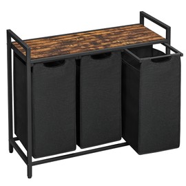 VASAGLE Laundry Hamper, Laundry Basket, Laundry Sorter with 3 Pull-Out and Removable Bags, Shelf, Metal Frame, 3 x 10.6 Gallons (40 L), 36.4 x 13 x 28.4 Inches, Ink Black and Rustic Brown UBLH301B01