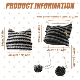 HDGSAFD Pack of 2 Cat Ear Knitted Hats, Cute Sweater Hats, Outdoor Hats, Fashionable Striped Hats, Winter Warm Hats, Gothic Accessories, Black Grey, S - M