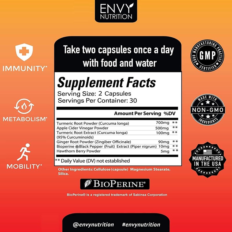 Envy Nutrition Turmeric & Ginger Supplement Capsules with Apple Cider