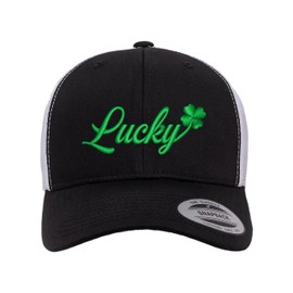 Adjustable Black/White Structured Trucker Lucky with Shamrock St. Patricks Day 4 Leaf Clover Structured Trucker Cap