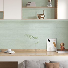 Grasscloth Peel and Stick Wallpaper Light Green Modern Fabric Grass Cloth Wall Paper 15.75"x78" Cream Green Contact Paper for Countertops Renter Friendly Wallpapers Cabinets Bedroom Walls