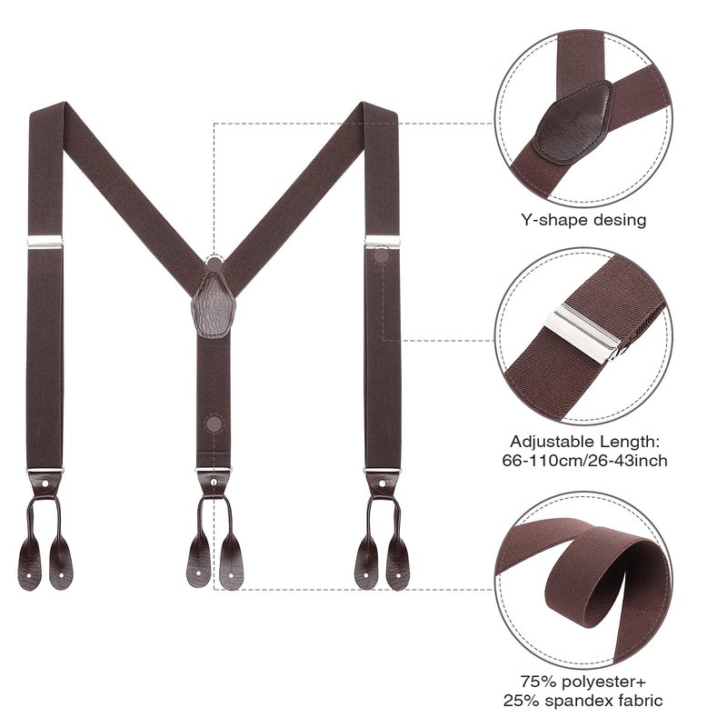 Mens Button End Elastic Suspenders - Adjustable Y shape Formal