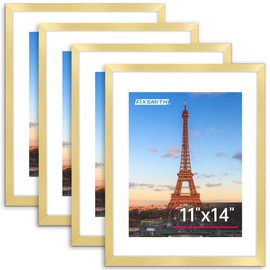 FIXSMITH 11x14 Picture Frame Bulk-4 Pack, Photo Frame with HD Plexiglass, Display Pictures 8x10 with Mat or 11x14 Without Mat, Gold Picture Frames Collage Wall Decor, Gallary Wall Frame