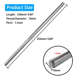 LWCUSNJ 4pcs M10 x 250mm Fully Threaded Rod, 1.5mm Pitch, 304 Stainless Steel Long Threaded Screw, Right Hand Threads