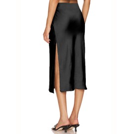 Amy Babe Womens Satin Silk High Waist Slit Midi Skirt Elastic Waistband Midi Skirts for Women Black