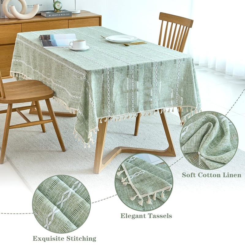 IBEQUEM Cotton Linen Table Cloth, Rectangular Stitching Tassel Tablecloth, Wrinkle