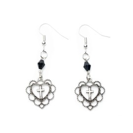 Miniblings Heart with Cross Earrings Pendant Crosses Black Pearl Gothic Silver Original Fashion Jewellery Earrings Silver-Plated, Metal