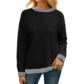 PrinStory Womens Jumpers Casual Sweaters Clashing Colour Crewneck Ladies Jumpers Long Sleeve Knitwear Winter Knitted Sweatshirt Soft Pullover (Black, S)