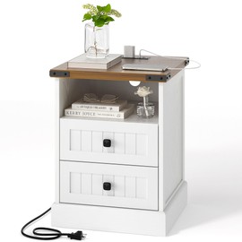 AntsandAnts 18" Farmhouse Night Stand with Charging Station,2 Drawers + Open Shelf, White Wooden Bedside Table, Bedroom End Table with Storage Cabinet for Living Room, Rustic Home Furniture