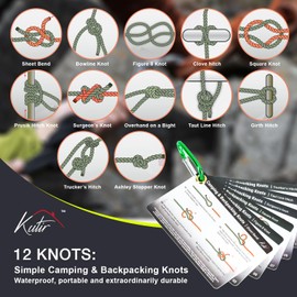 Kutir Outdoor Knots Mastery Guide - Essential Backpacking, Scouting & Camping 12 Portable Pocket Size Knot Cards - Waterproof Portable Reference with Mini Carabiner