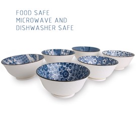 YALONG Japanese Style Deep Soup Bowls Set of 6, 6 inch Cereal Bowls Assorted Patterns, 20 oz Ceramic Pho Bowls Set Serving Soup Rice Salad Noodle Pasta Microwave & Dishwasher Safe