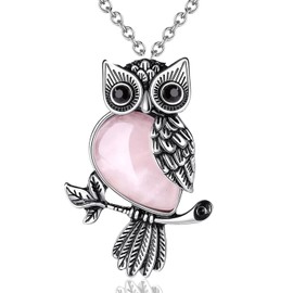 XIANNVXI Owl Gifts for Women,Owl Necklace for Women,Rose Quartz Necklace Pink Necklace,Owl Jewellery Healing Gemstone Owl Pendant Necklace Cute Gifts