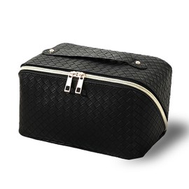 Large Capacity Makeup Bag Woven Cosmetic Bag, PU Leather Waterproof Cosmetic Bag, Women Portable Travel Makeup Pouch With Handle and Divider Flat Lay Makeup Organizer Bag, Black
