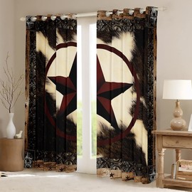 Cow Print Curtains 52x63,Retro Cowhide Window Curtains,Geometric Western Texas Stars Window Treatments,Rustic Farmhouse Animal Fur Shades Drapes 2 Panels Living Room Decor