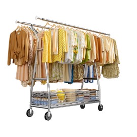 Raybee Heavy Duty Clothes Rack, 630LBS Clothing Rack with Sturdy Wheels and Shelves, Double Rods Clothing Racks for Hanging Clothes Commercial Portable Adjustable Garment Rack, Chrome