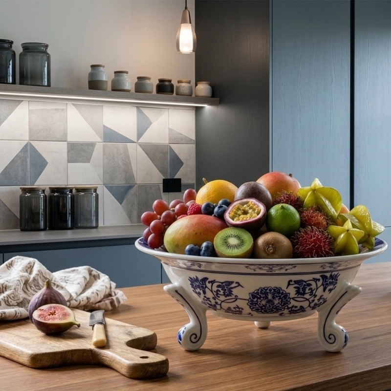 XINGYAN 10in Blue and White Ceramic Fruit Bowl,Chinoiserie Decorative Bowl,Three-Legged
