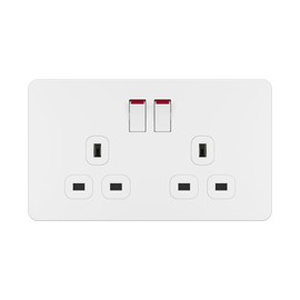 LIDER 2-Gang Switched 13A Socket, 13 Amp Plug Socket with Control Switches, Tamper-Resistant Shutter, Screwless Flat Metal Plate Cover, BS1363 Conforms, White