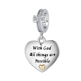 MiWangLing Religious Cross Christian Bible Verse Heart Charm Bead For European Bracelet Women Present Mattew 19:26