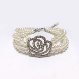 PETFAVORITES Dog Pearls Necklace Jewelry - Bling Dog Wedding Collar for Small Dogs Girl with Rhinestone Rose Flower Charm - Female Chihuahua Yorkie Clothes Accessories (White Rose, 10 to 12-Inch)