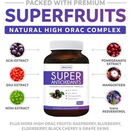 Super Antioxidant Supplement - Powerful Super Food Antioxidants Blend - Acai Berry, Goji Berry, Pomegranate & Trans Resveratrol - Natural Herbal, Fruit Formula - Skin Care - 60 Capsules