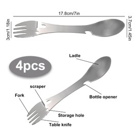 4 Pieces Stainless Steel Utility Camping Spork, Multifunctional 5 in 1 Outdoor Spoon Fork Can Bottle Opener, Portable Camping Cutlery Set for Outdoor Camping, Hiking, Fishing(Black and Silver)