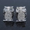 Clear Crystal Black Enamel 'Owl' Stud Earrings In Silver Plating