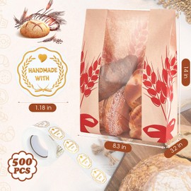 Gueevin 150 Pcs Kraft Paper Bread Bag for Homemade Bread Large Sourdough Loaf Bag with Clear Window Bakery Food Package Storage with 500 Pcs Sticker for Popcorn Cookies, 14x8.3x3.2'' (Red)