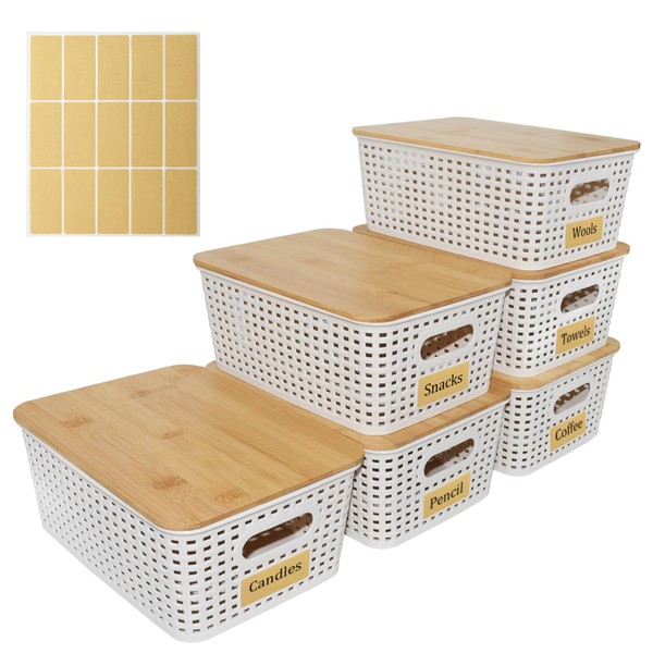 Yedadone 6 Pack Plastic Storage Bins with Bamboo Lid, Stackable