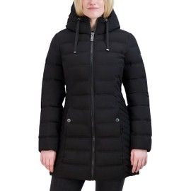 Nautica Women's 3/4 Stretch Puffer Jacket with Fur Hood and Half Back, Black