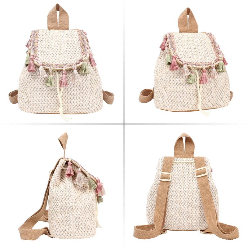 Women Mini Straw Flap Backpack Boho Summer Fringed Tassel Shoulder