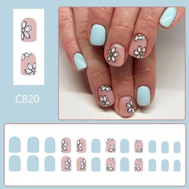24 Pcs Short Square Press on Nails Spring Fake Nails With Designs Cute Flower False Nails Artificial Acrylic Nail Kit Light Blue Full Cover Stick on Nails Glossy Pink Flowers Glue on Nails For Women