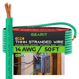 GearIT Stranded THHN Wire (14 Gauge, 50 Feet) 100% OFC Electrical Building Wire, Rated for Up to 600 Volts, Single Conductor, Nylon Jacket, UL Listed/RoHs Compliant - Green, 50ft