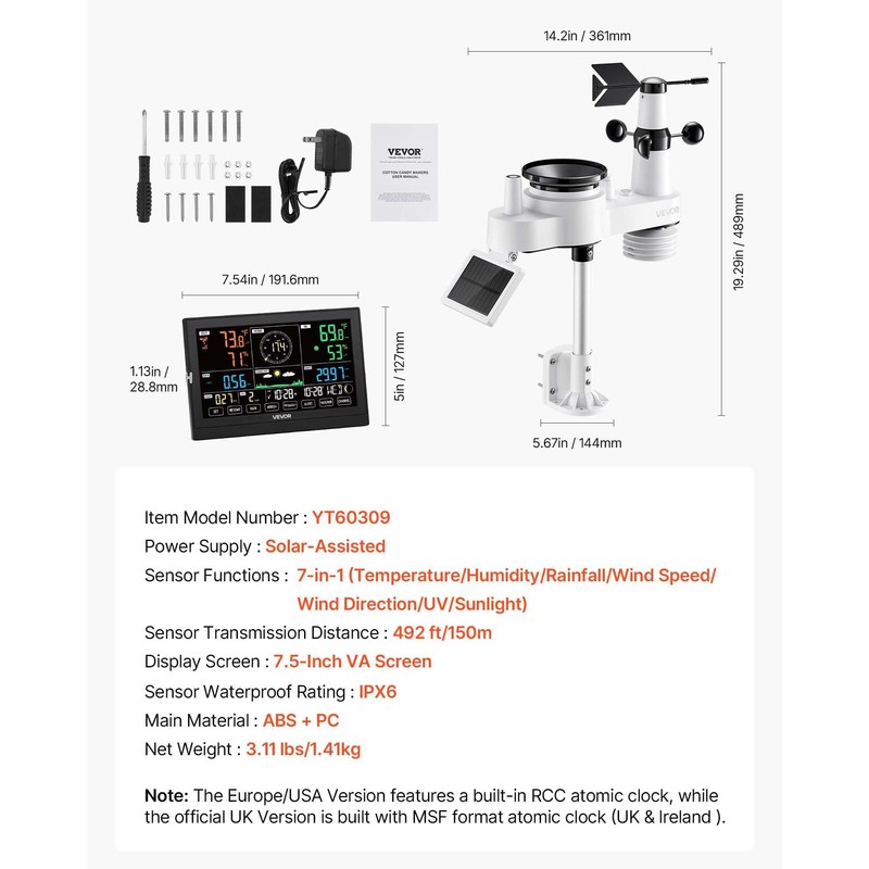 VEVOR 7-in-1 Wireless Weather Station, 7.5-Inch VA Display, Solar Powered