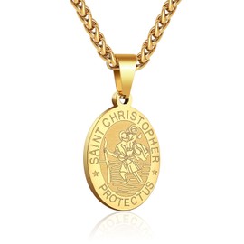RS Gold St Saint Christopher Medal Necklace for Men Boys Stainless Steel Pendant Chain Catholic Religious Baptism First Communion Confirmation Jewelry Gifts Teen Teenage Him Son