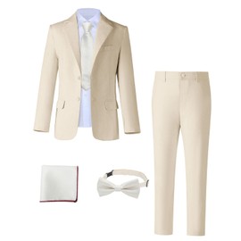 Boys Suit for Kids Linen Summer Suit for Boy Ring Bearer Outfit with Bowtie Necktie Pocket Square Light Champagne Boys Linen Suits Jacket Pants Set Size 2