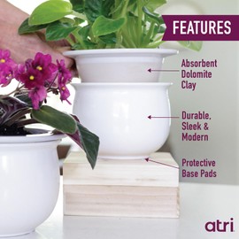 African Violet Pots Self Watering – 6.5”W x 4.6”H Ceramic Self Watering Pots for Indoor Plants with Glazed White Outer Pot & Absorbent Inner Pot for Easy Plant Care