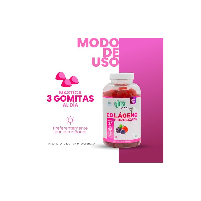 Colágeno Hidrolizado Premium JustCollagen 111 gomitas, Sabor Frutos Rojos.