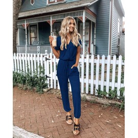 PRETTYGARDEN Jumpsuits for Women 2025 Spring Summer Casual Dressy Short Sleeve Romper Airport Vacation Travel Outfits (Dark Blue,X-Large)