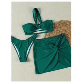 SHENHE Women's 3 Piece Swimsuit One Shoulder Ruched Cut Out Bikini Set with Cover Up Skirt Green Small
