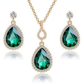 EVEVIC Austrian Crystals Teardrop Pendant Necklace Earrings for Women 14K Gold Plated Hypoallergenic Jewelry Set (Green)