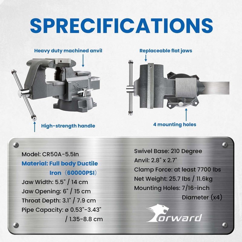 Forward CR50A-5.5In Bench Vise Heavy Duty Vice with Anvil and