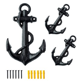 SMKOLIN 3 Pcs Cast Iron Anchor Hooks 6 1/3'' Decorative Wall Hooks Vintage Coat Towel Hat Hooks Antique Black