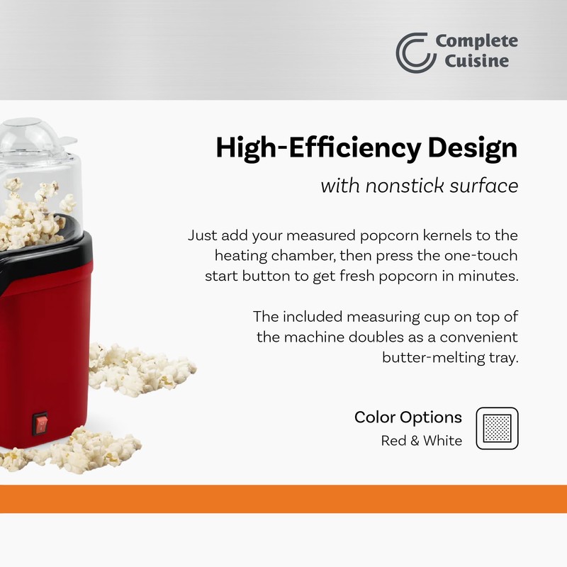 Complete Cuisine CC-PM1100 Popcorn Maker, Countertop Popcorn Machine, Hot-Air Popcorn