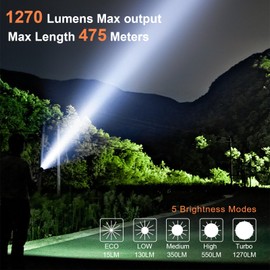 JECKLAMP Tactical 1270High Lumens Flashlight with 6 Modes, Rechargeable Led Flashlight with Type-C Cable, IPX8 Waterproof EDC Flashlight for Camping Emergency Everyday Use