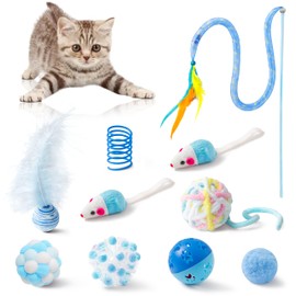 MALLMALL6 10Pcs Cat Toy Set Including Cat Springs Feather Teaser Wand Mice Crinkle Balls and Pet Bell Balls, Puzzle Interactive Pet Gift Pack Toys for Indoor Kitten (Blue)